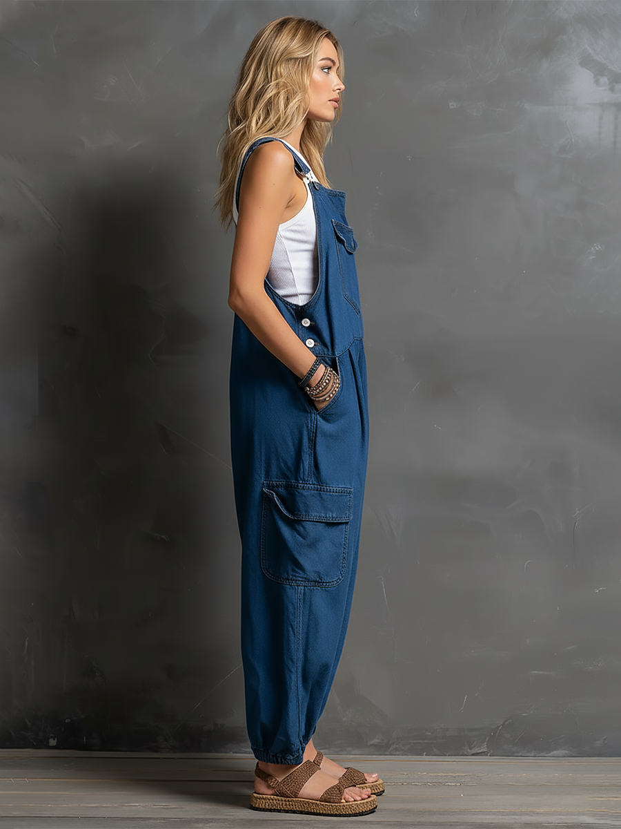 Retro Casual Lazy Chic Multiple Pockets Tapered Leg Opening Denim Overalls