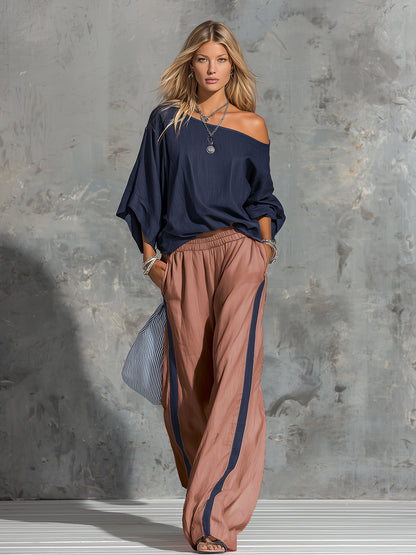Retro Stylish Casual Short Sleeve Top And Wide-leg Pants Set