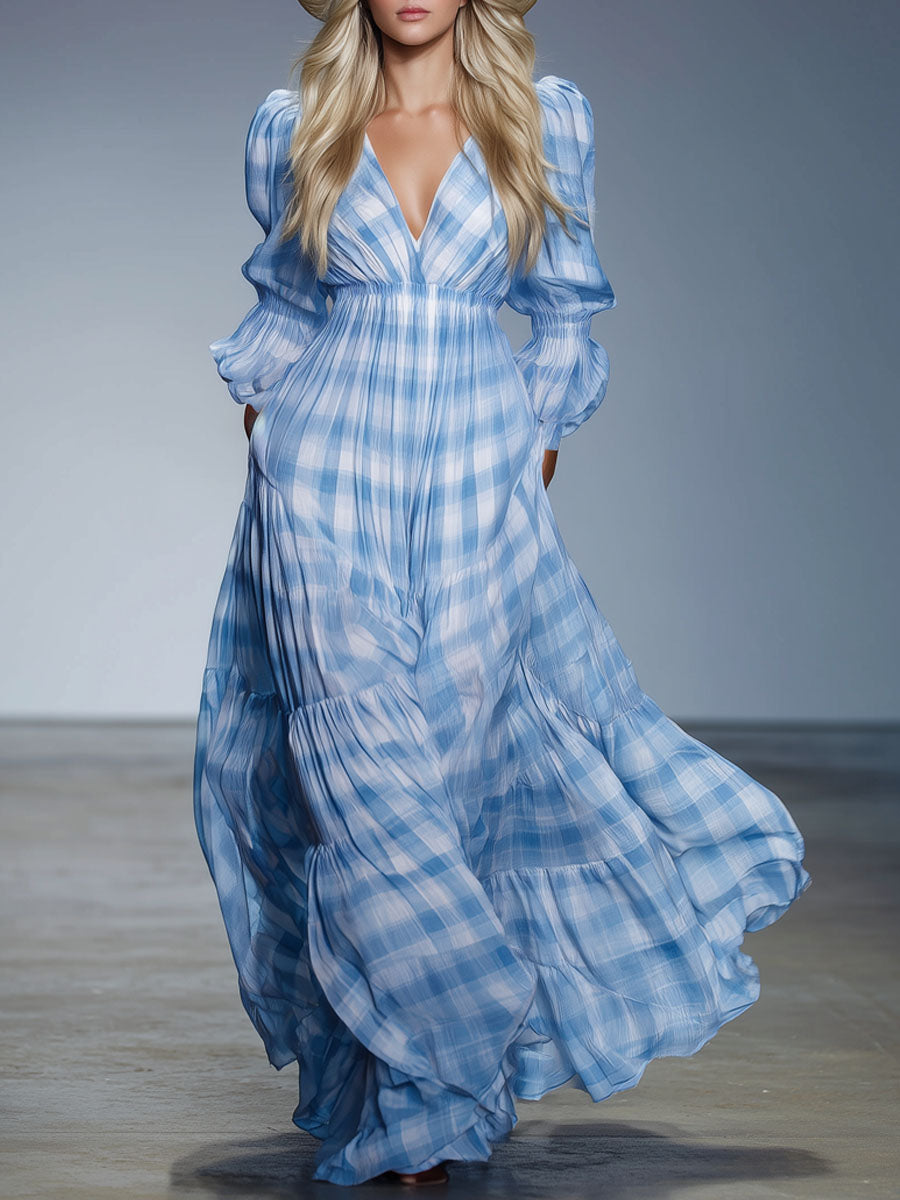Loose V-neck Plaid Chiffon Long-sleeved Maxi Dress