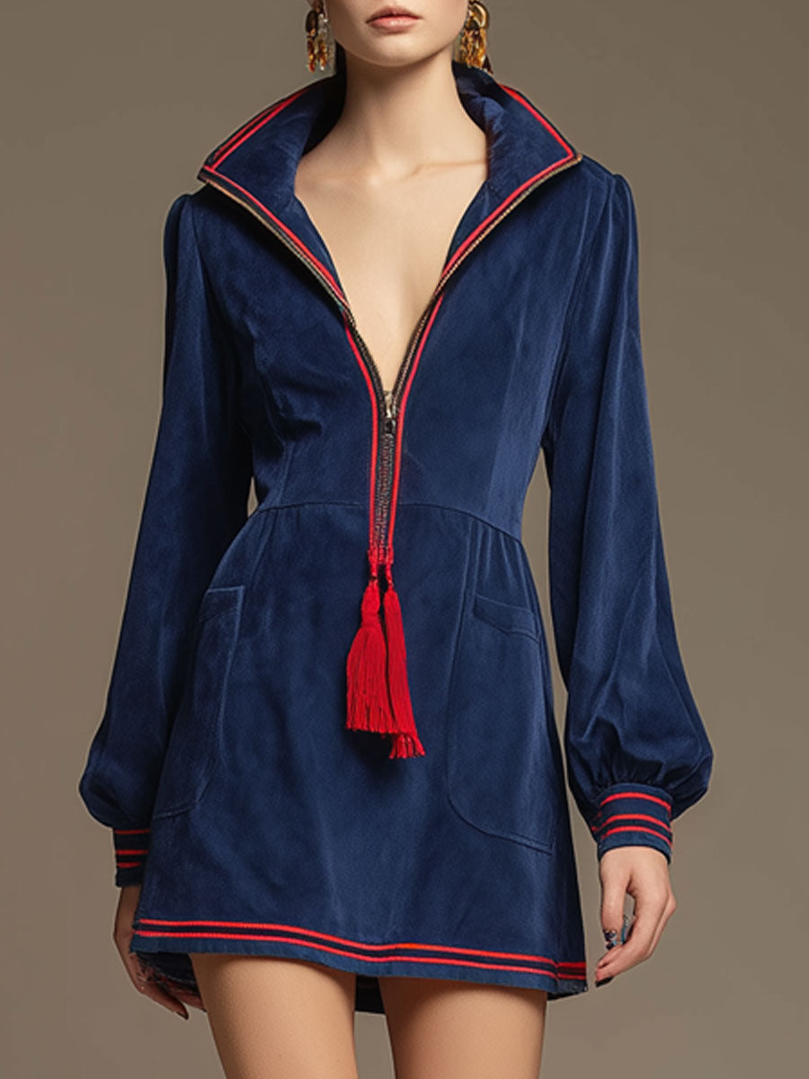 Western-style Retro Woven Ribbon Tassel Royal Blue Faux Suede Long-sleeved Mini Dress