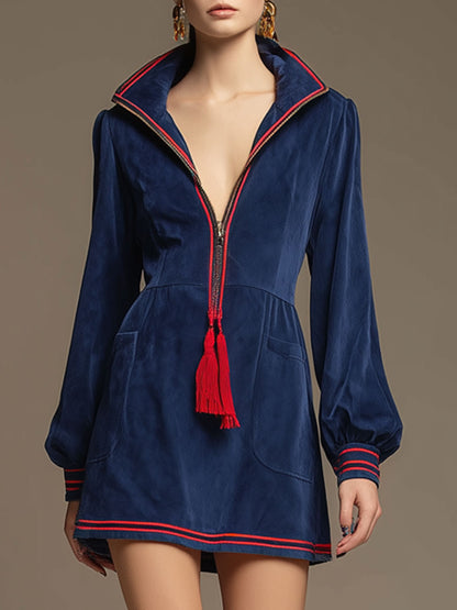 Western-style Retro Woven Ribbon Tassel Royal Blue Faux Suede Long-sleeved Mini Dress
