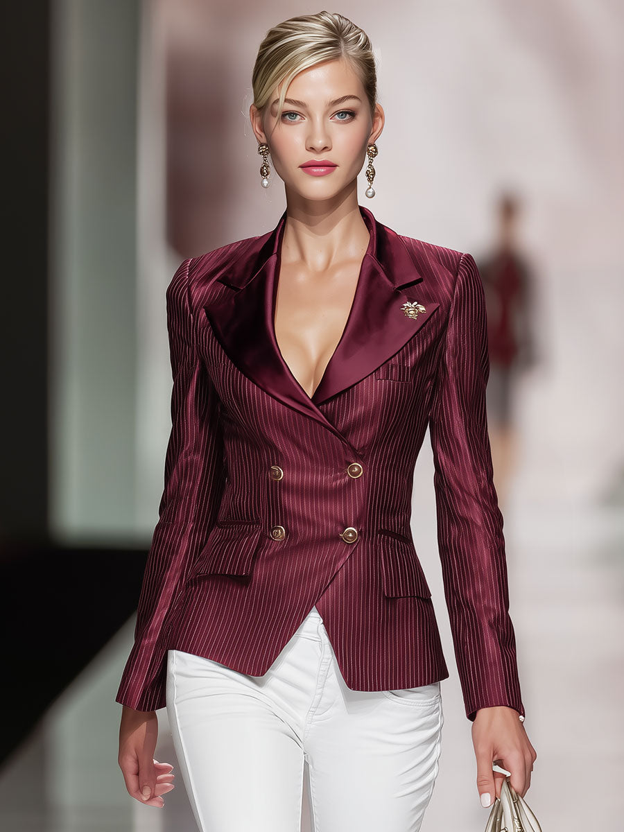 Vintage Burgundy Satin Double-breasted Blazer