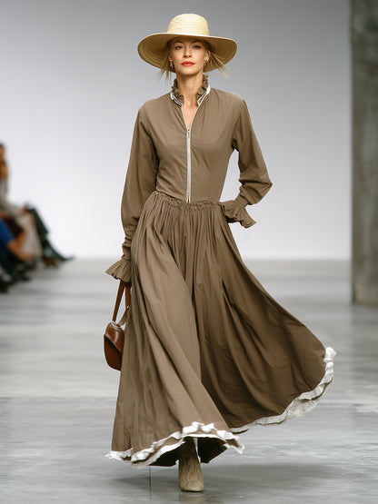 Brown Zippered White Ribbon Ruffled Maxi Dress