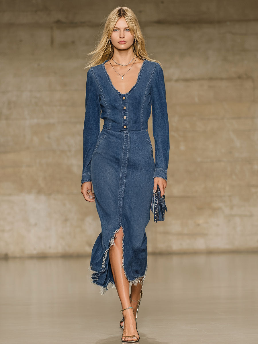 Elegant V-neck Button-down Frayed Denim Long-sleeved Midi Dress