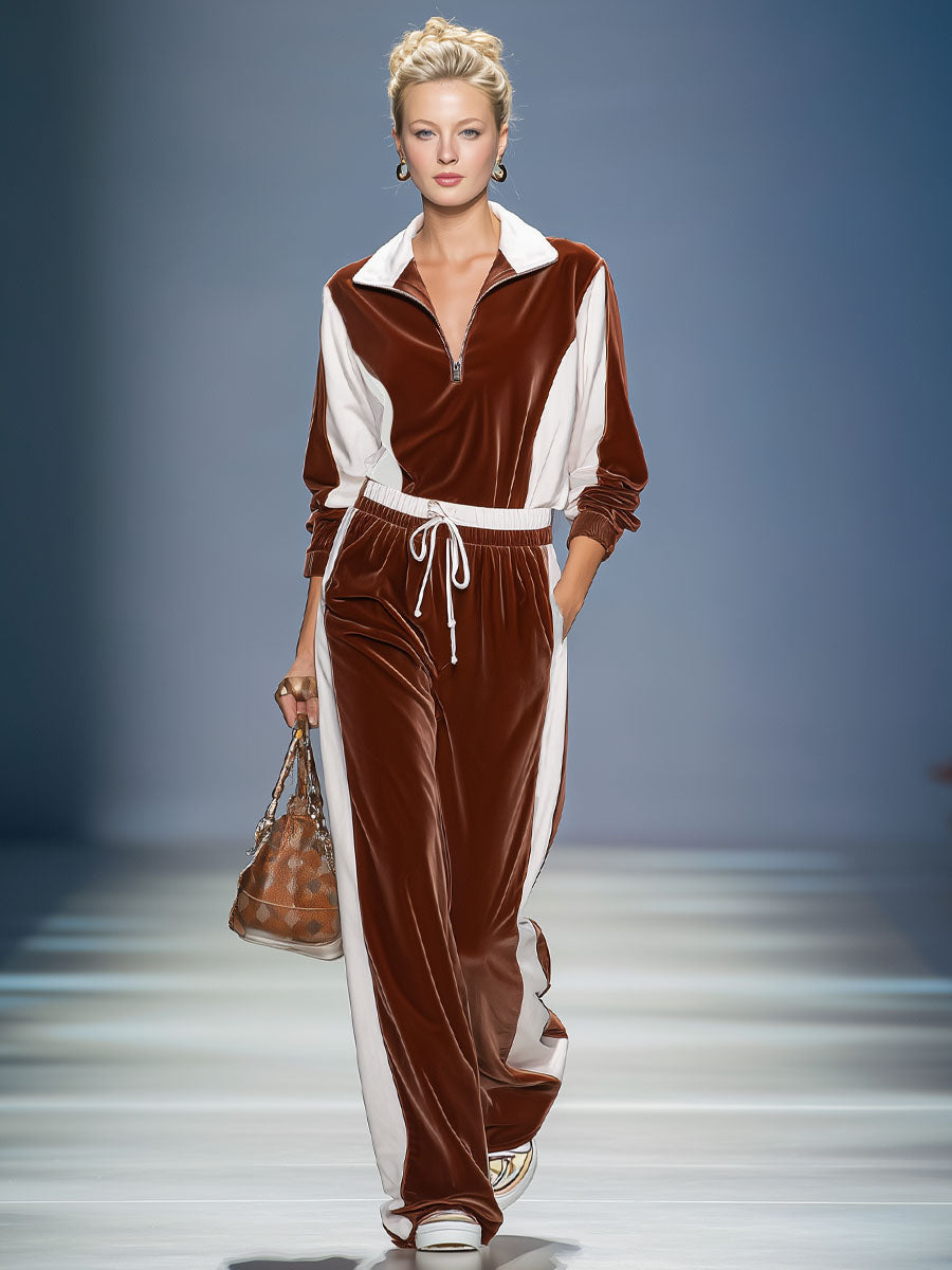 Lapel Collar Zip-up Color-blocked Velvet Set