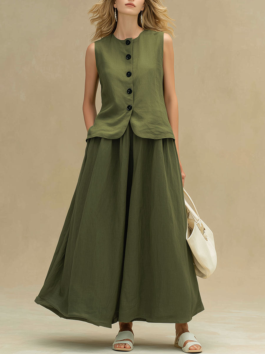 Stylish And Casual Green Sleeveless Top And Skirt Set