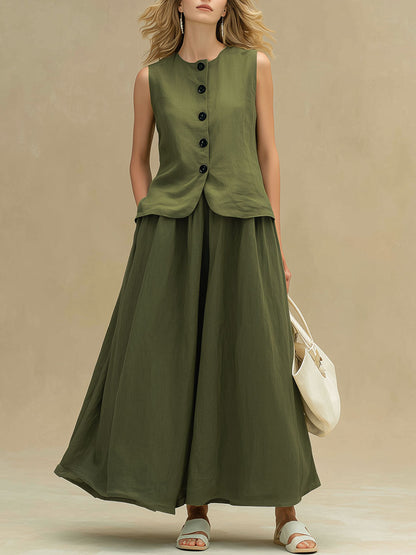 Stylish And Casual Green Sleeveless Top And Skirt Set