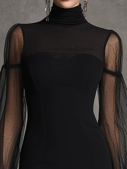 Elegant Black Knitted And Tulle Patchwork Mini Dress