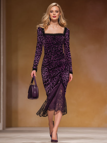 Stylish And Elegant Lace Purple Leopard Print Square-neck Midi Dress