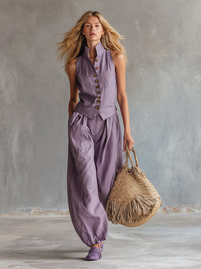 Elegant And Refreshing Lilac Cotton And Linen Vest And Balloon Pants Set