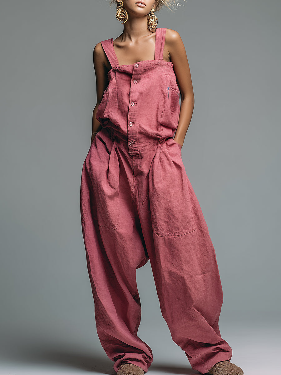 Casual Loose Gray-pink Cotton Linen Jumpsuit Overalls