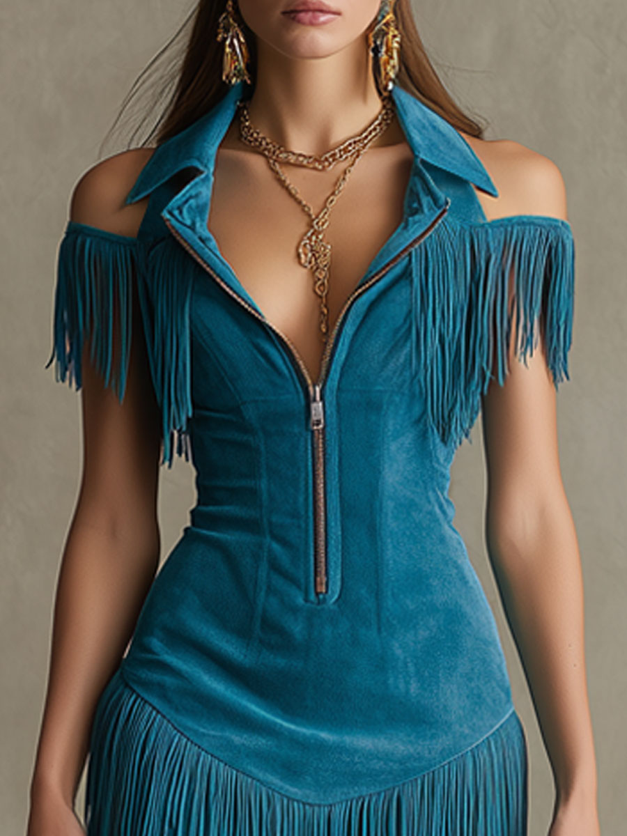 Western Retro Peacock Blue Faux Suede Hollow-Out Tassel Mini Dress