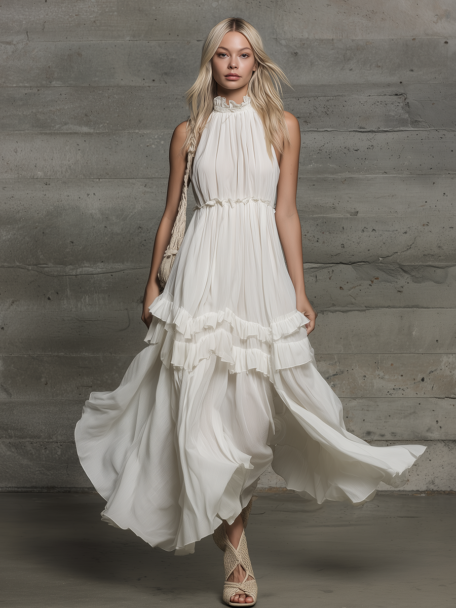Elegant Vacation Stand-collar Sleeveless Ruffled Chiffon Midi Dress
