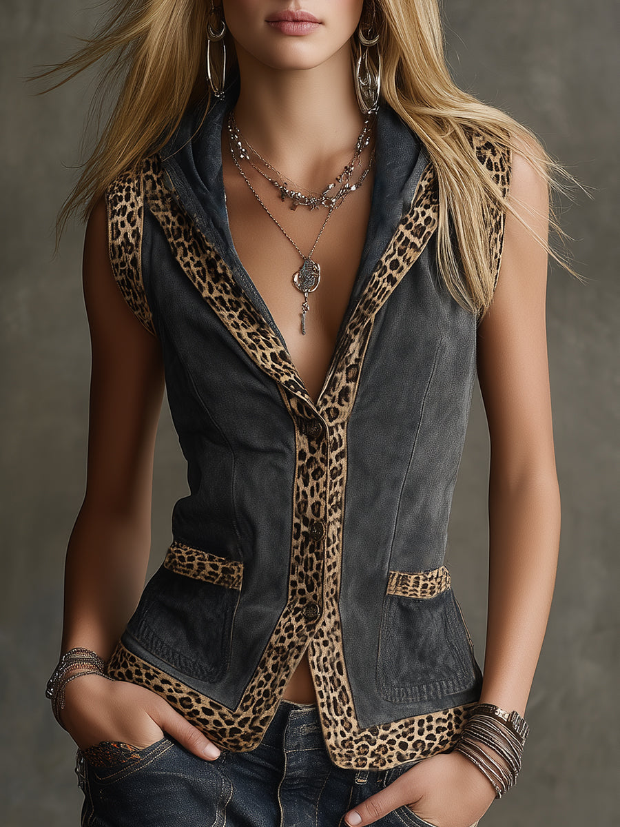 Retro Western Leopard Print Trim Gray Faux Suede Hooded Vest