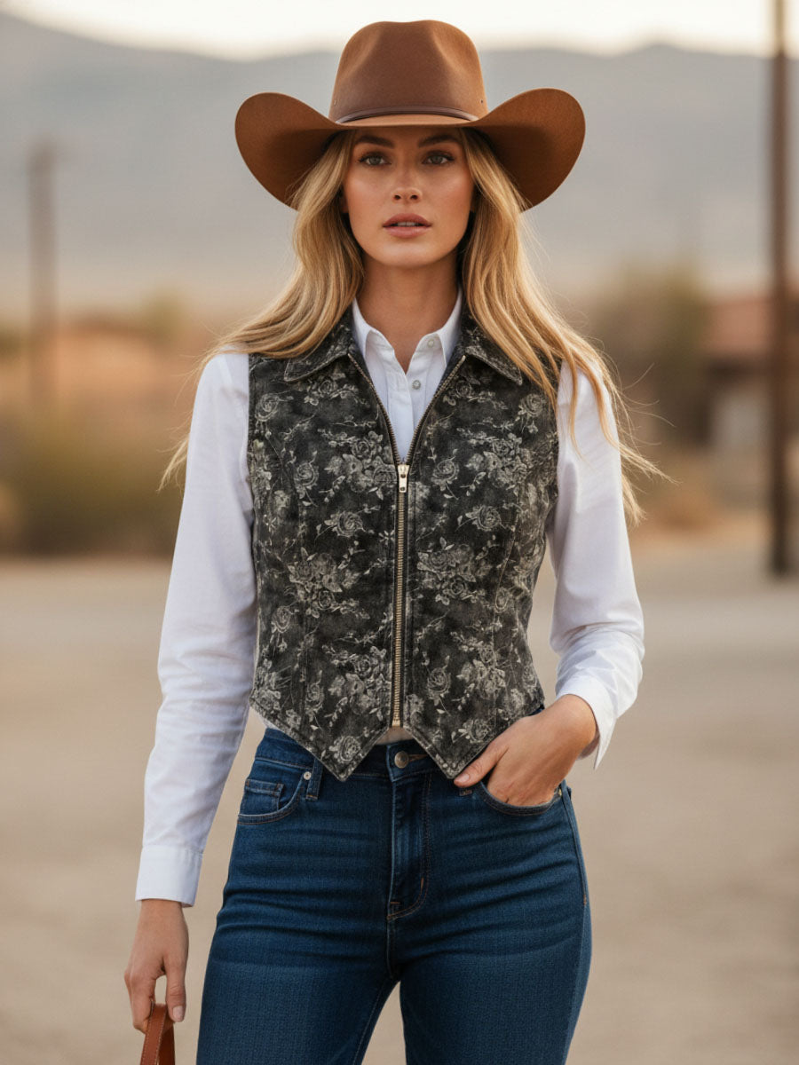 Retro-style Collared Zipper Denim Floral Vest