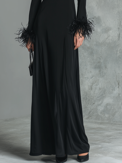 Retro Elegant V-neck Feather Cuff Trim Maxi Dress
