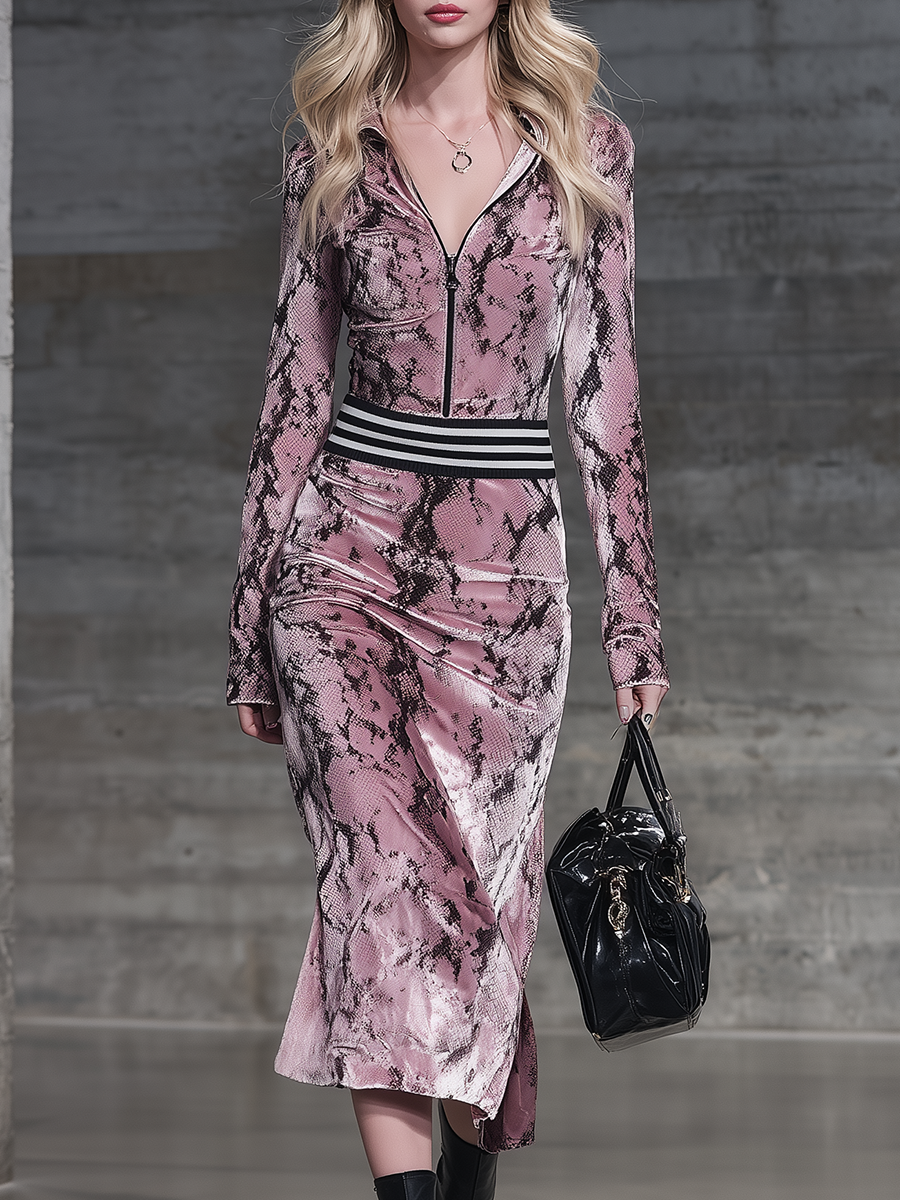 Retro Western-style Snakeskin Print Pink Velvet Midi Dress