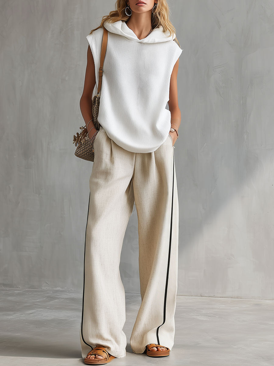 Casual Retro White Hooded Knitwear Linen Pants Set