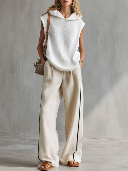 Casual Retro White Hooded Knitwear Linen Pants Set