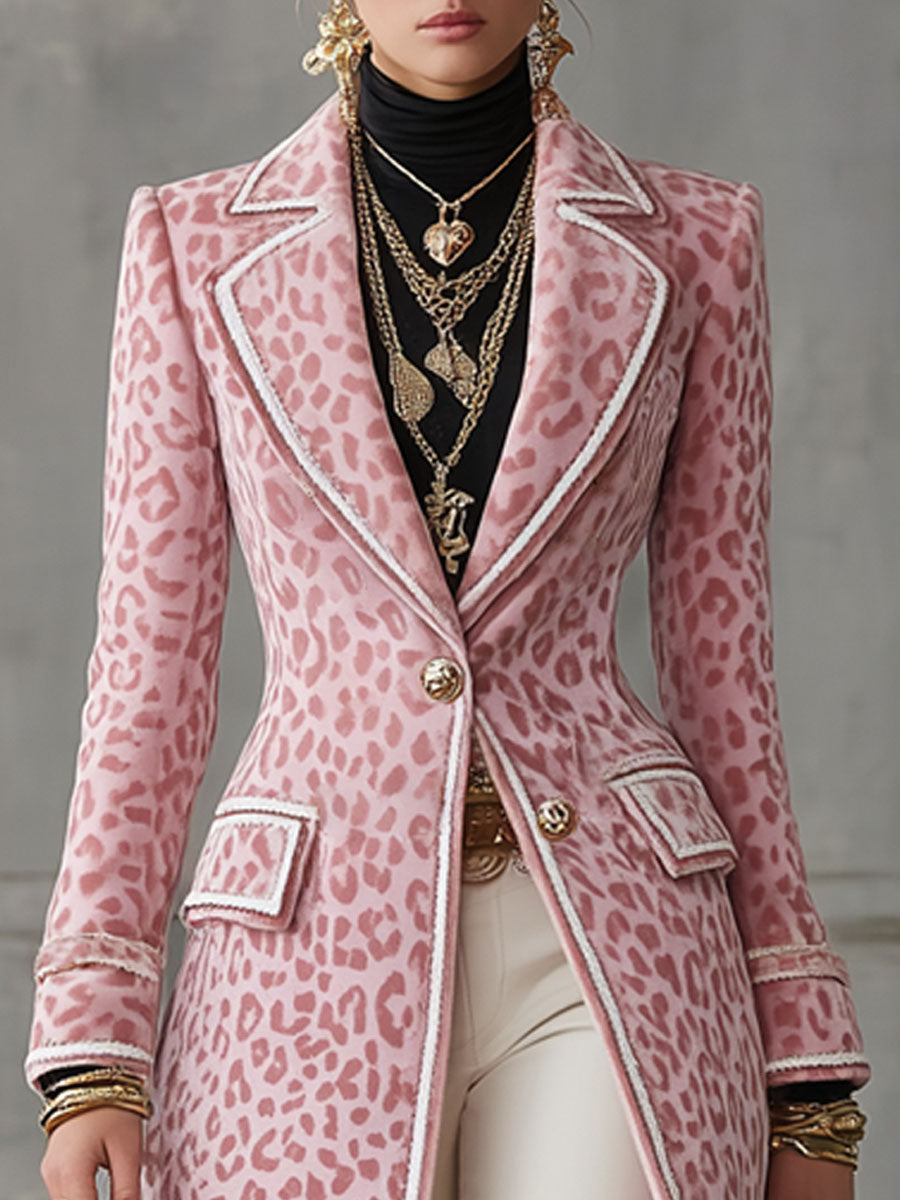 Lapel Single-breasted Pink Leopard Print Mid-length Coat