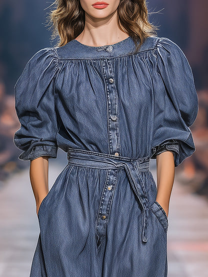 Fashionable Retro Round Neck Denim Loose Midi Dress