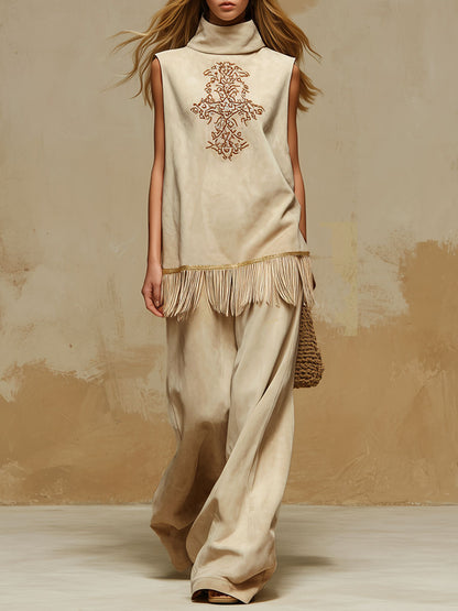 Western-style High-neck Sleeveless Embroidered Fringed Top And Pants Faux Suede Set