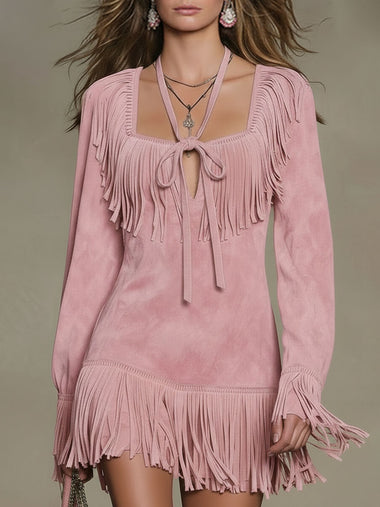Western Retro Pink Faux Suede Tassel Long-Sleeved Mini Dress