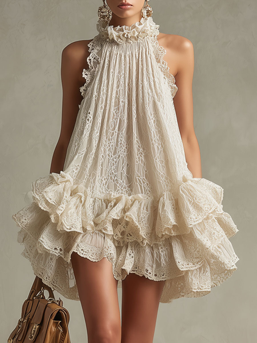 Vacation Retro Beige Lace Sleeveless Ruffled Mini Dress