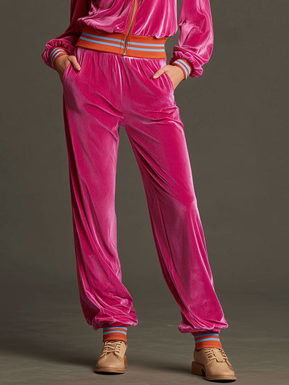 Sporty Retro Rose Red Velvet Long-Sleeve Zip-Up Sweatshirt And Sweatpants Set