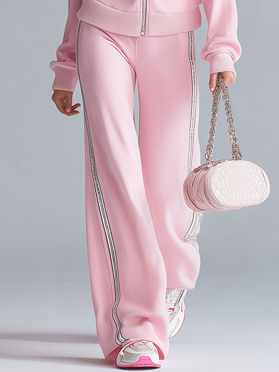 Casual Sports Hooded Zip-up Pink Cotton Top And Pants Set