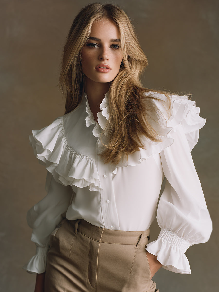 Stylish And Elegant Ruffle Trim White Shirt