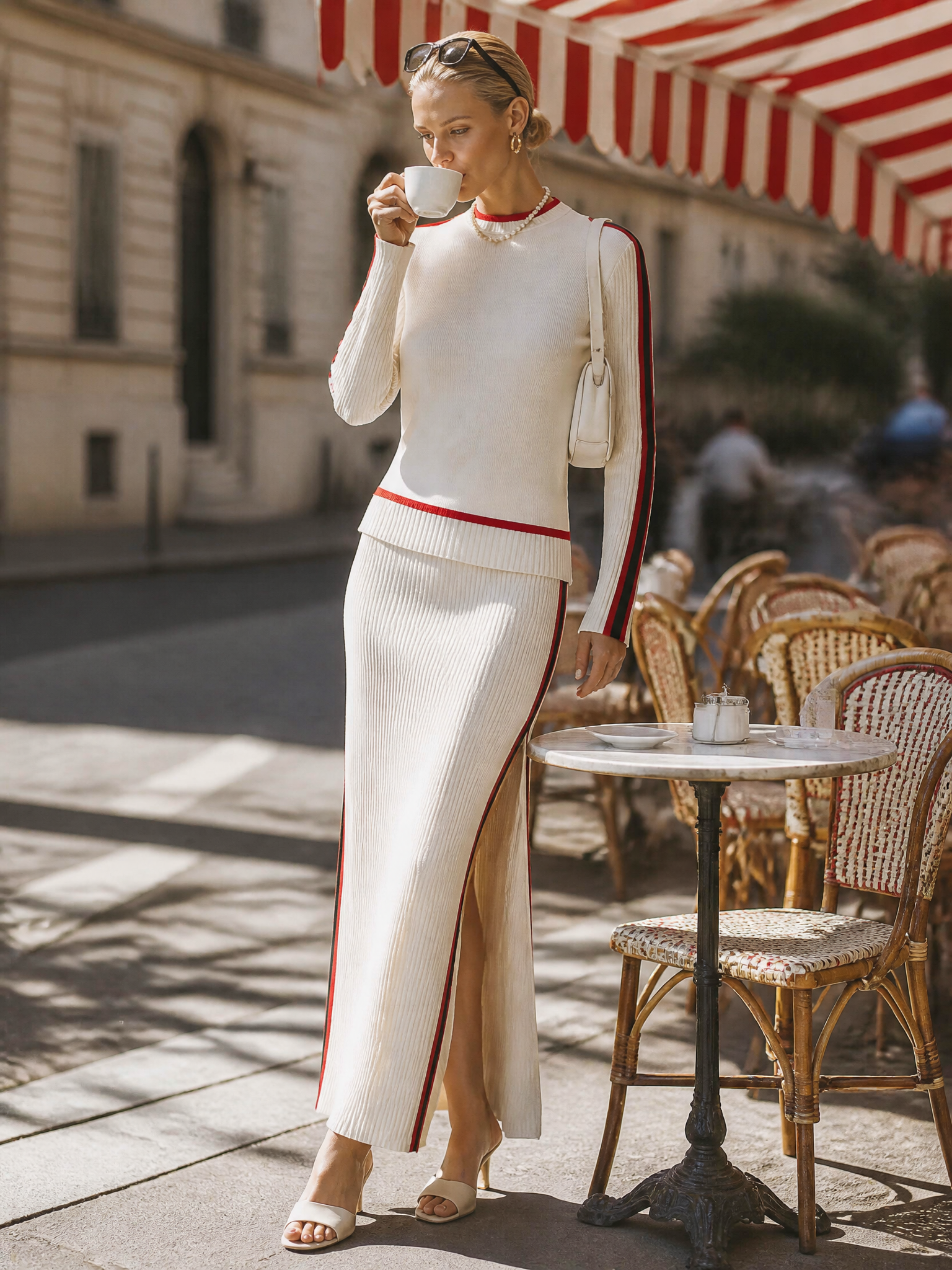 Elegant Retro Red Trim Cream Knit Top And Slit Maxi Skirt Set
