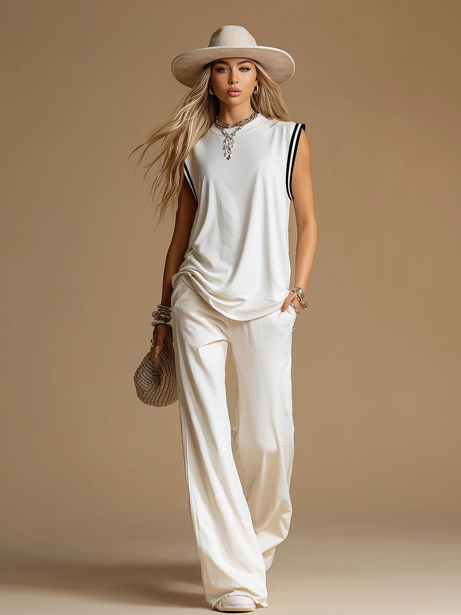 Retro Sporty Crew Neck Tank Top And Wide-leg Pants Set