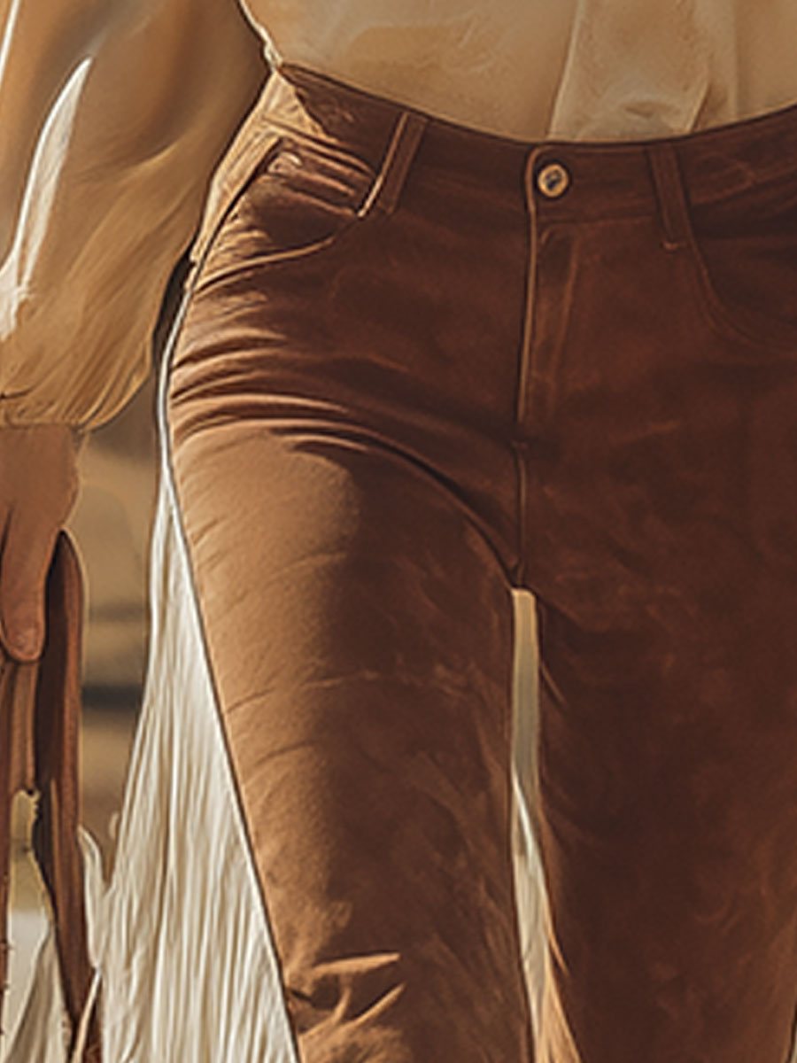 Retro Western Style White Fringed Brown Faux Suede Pants