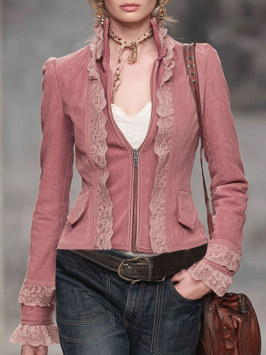 Stand-up Collar Lace Trim Zipper Faux Suede Jacket