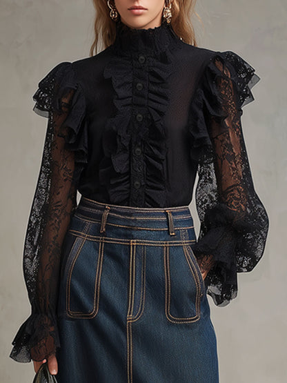 Fashionable Retro Black Lace Mesh Ruffled Long-sleeved Shirt