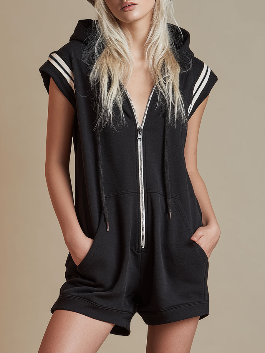 Color-blocked Trim Zippered Short-sleeved Hooded Short Jumpsuit