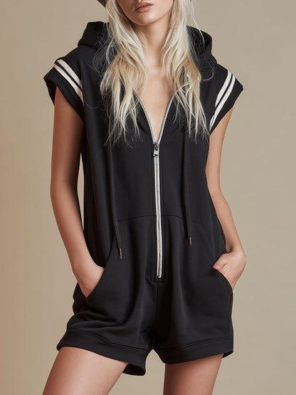 Color-blocked Trim Zippered Short-sleeved Hooded Short Jumpsuit