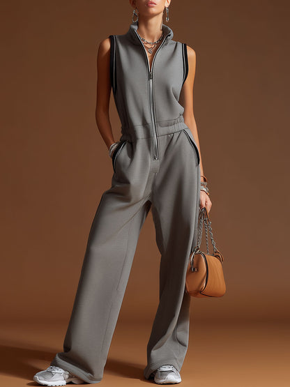 Casual Sporty Retro Dark Gray Cotton Blend Zipper Sleeveless Jumpsuit