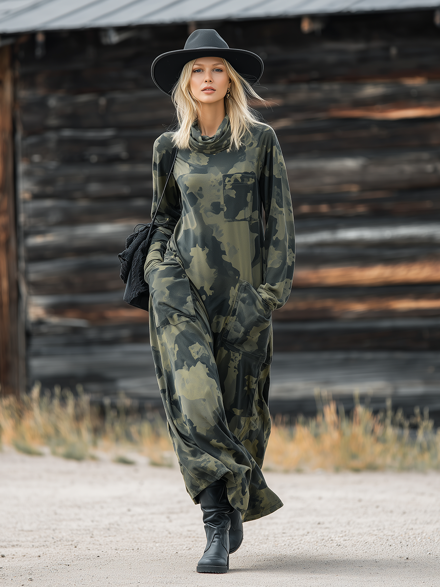 Casual Western Camouflage Print Layered Neckline Maxi Dress