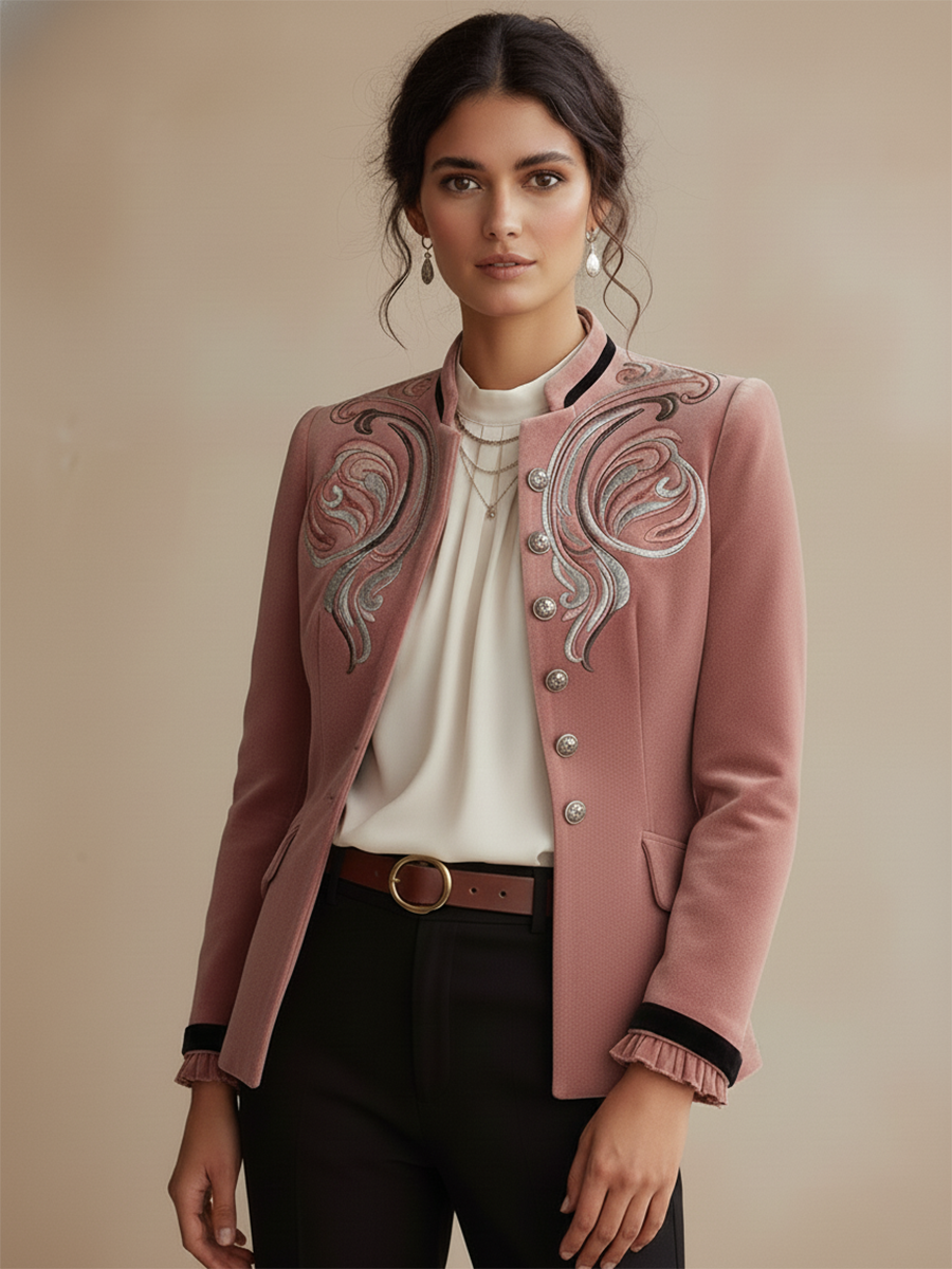 Retro Western-style Stand-up Collar Embroidered Pink Velvet Jacket