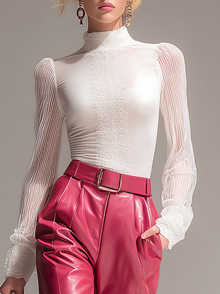 Stylish Chiffon White High-neck Cotton Shirt