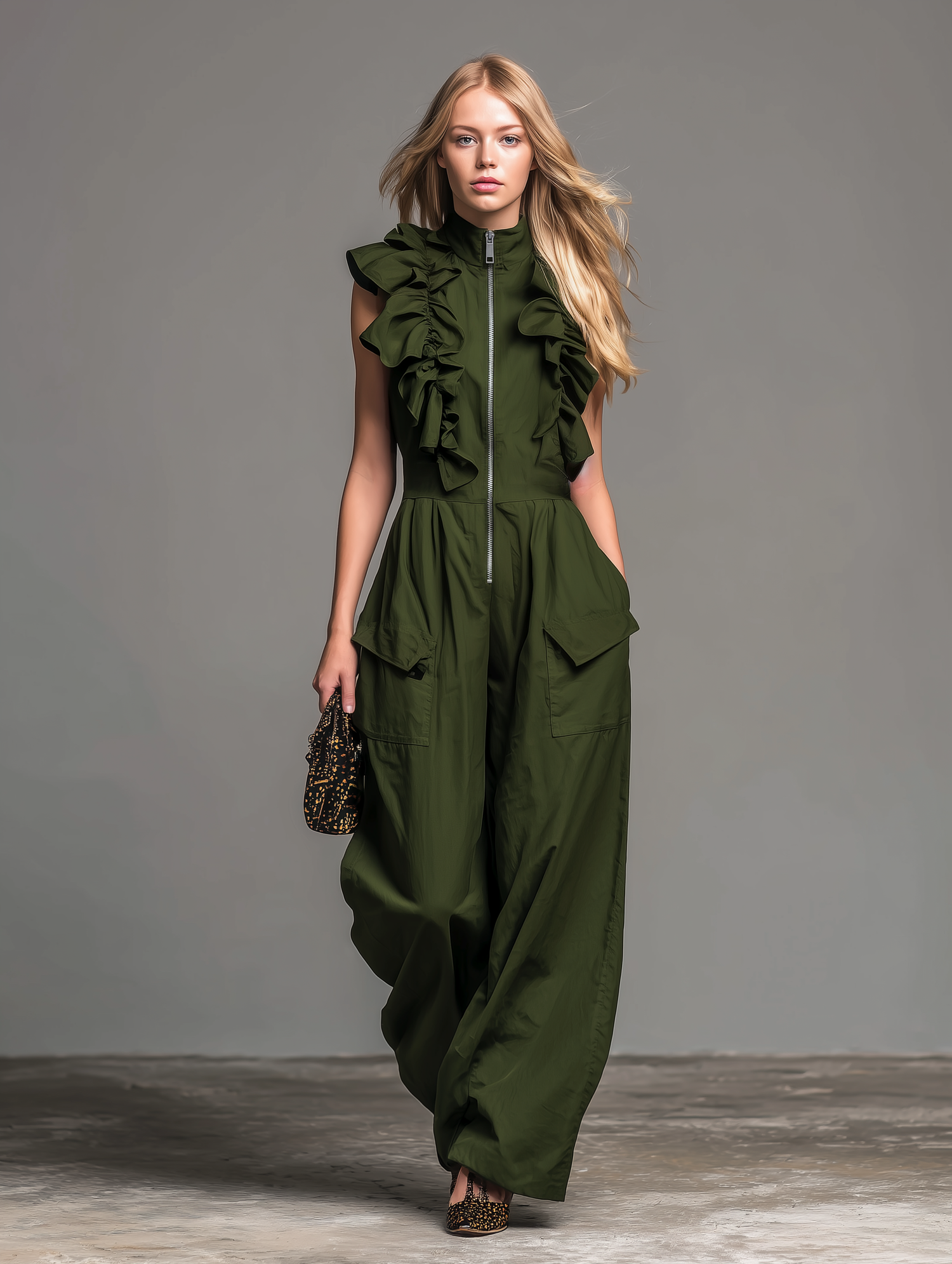 Fashionable And Casual Ruffled Sleeveless Zipper Jumpsuit