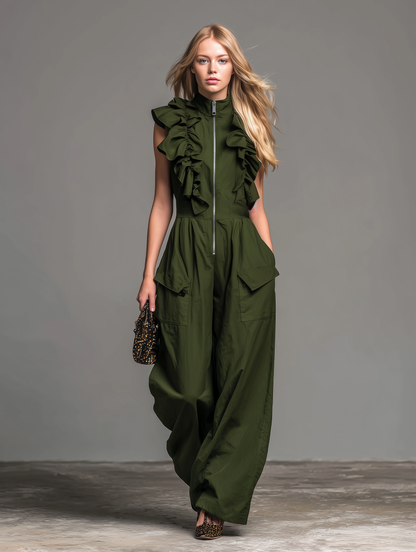 Fashionable And Casual Ruffled Sleeveless Zipper Jumpsuit