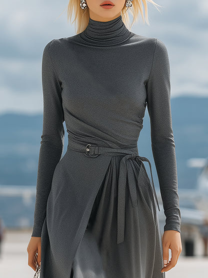 High-neck Casual Gray Tie-up Maxi Dress