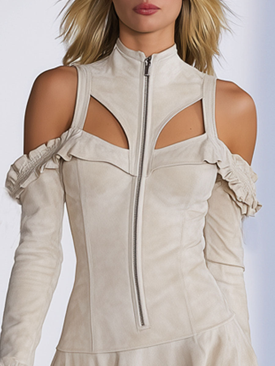 Western Stand-collar Zippered Ruffled Cold Shoulder Faux Suede Long-sleeved Mini Dress