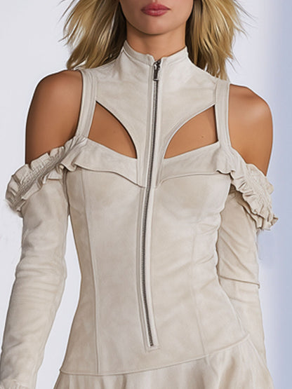 Western Stand-collar Zippered Ruffled Cold Shoulder Faux Suede Long-sleeved Mini Dress