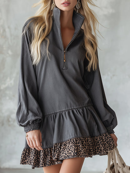 Retro Leopard Print Trim Gray Denim Half-zip Mini Dress