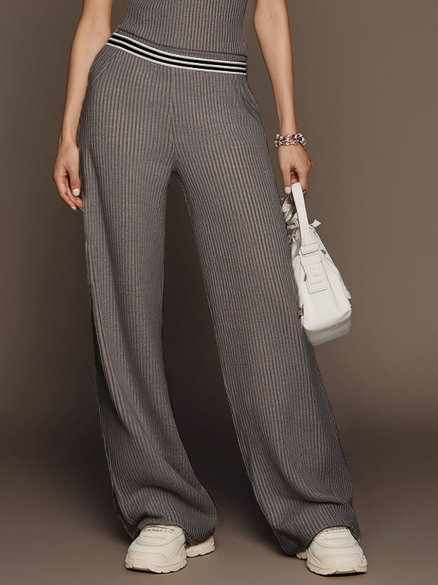 Sporty Retro Black And White Striped Dark Gray Knit Top And Wide-leg Pants Set
