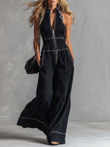 Stylish And Elegant Front-zip Black Tencel Denim Sleeveless Wide-leg Jumpsuit